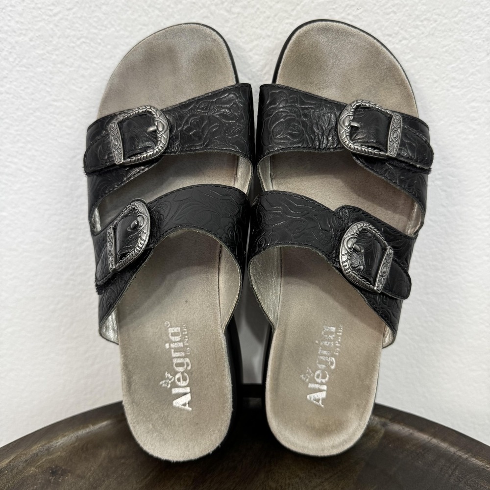 Alegria Sandals Women's Size 10.5 Black JAD Embossed Leather Slide Shoes Comfort